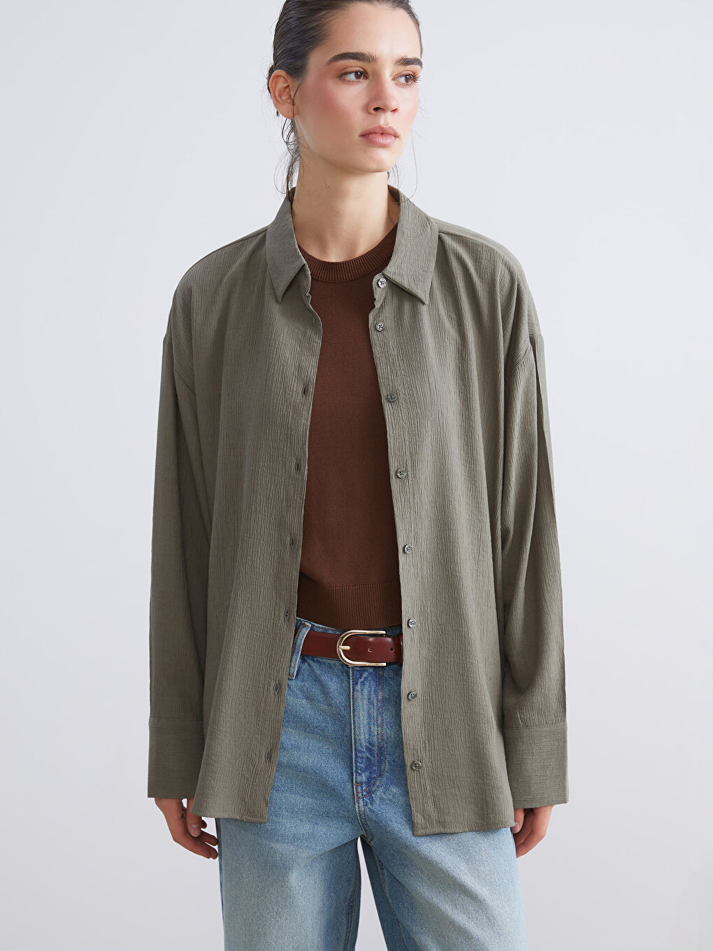 Yeşil Dokulu Oversize Kadın Gömlek