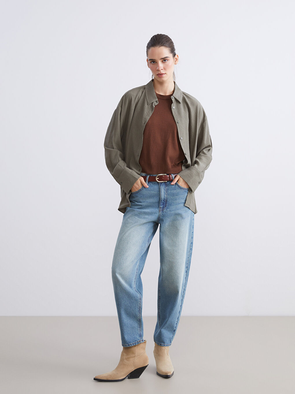 Yeşil Dokulu Oversize Kadın Gömlek-1