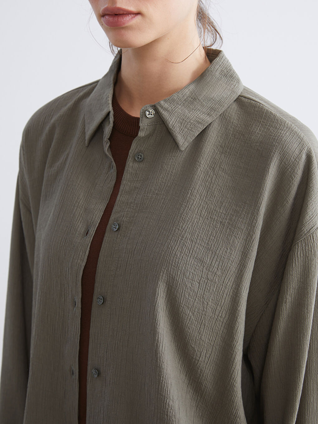 Yeşil Dokulu Oversize Kadın Gömlek-2