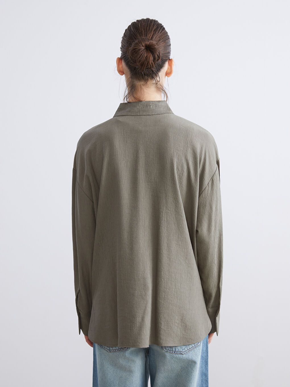 Yeşil Dokulu Oversize Kadın Gömlek-3