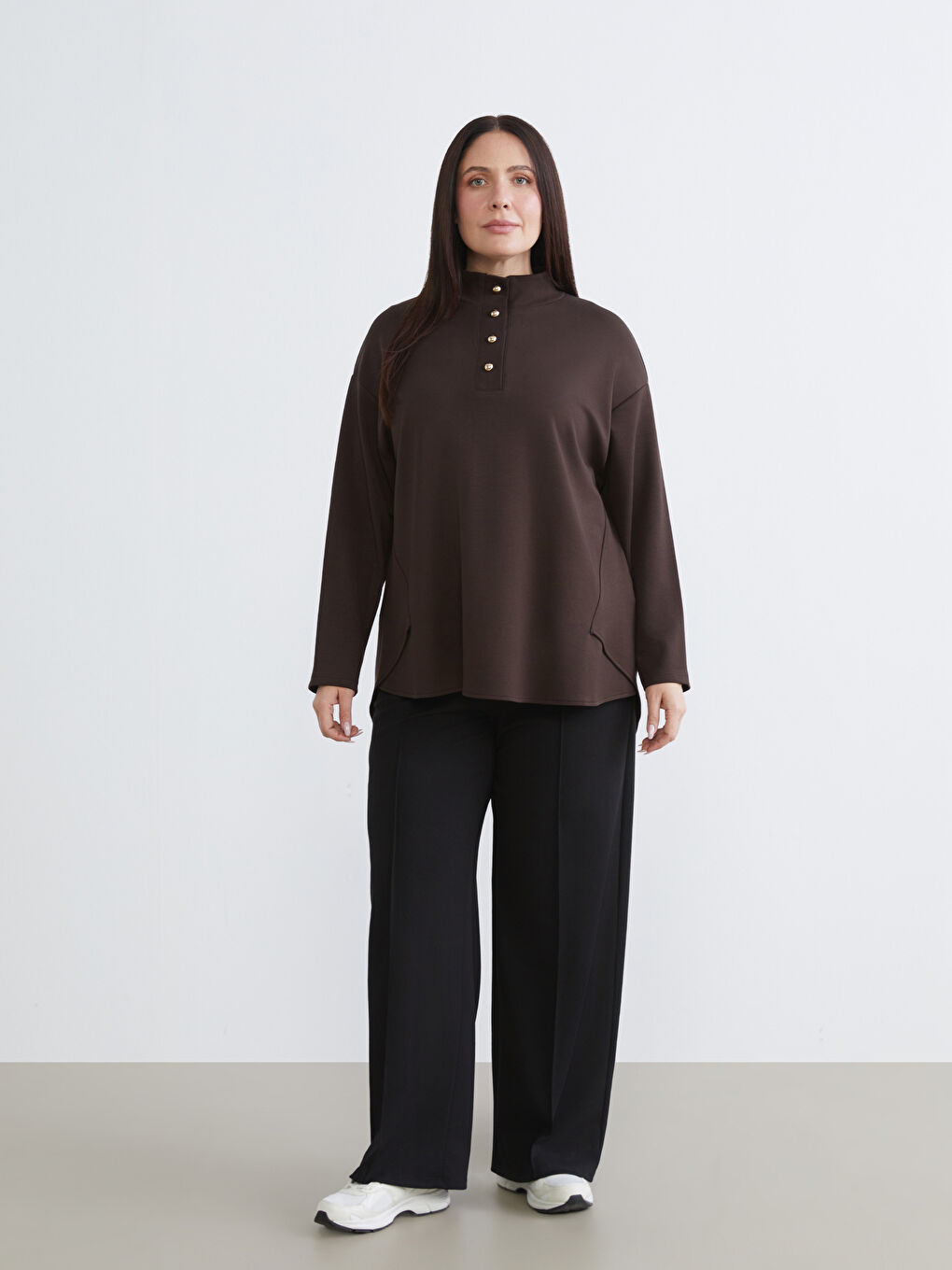 Kahverengi Dik Yaka Oversize Kadın Tunik-5