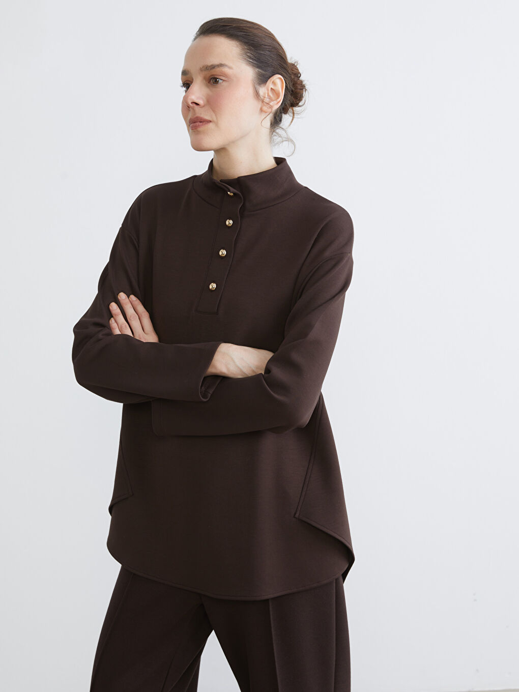 Kahverengi Dik Yaka Oversize Kadın Tunik