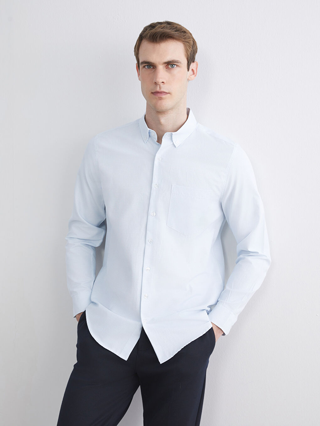 Mavi Regular Fit Uzun Kollu Armürlü Erkek Gömlek