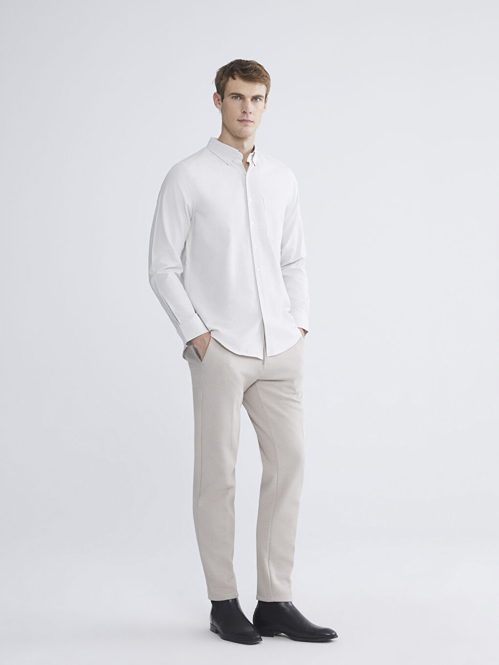 Bej Regular Fit Uzun Kollu Armürlü Erkek Gömlek-1