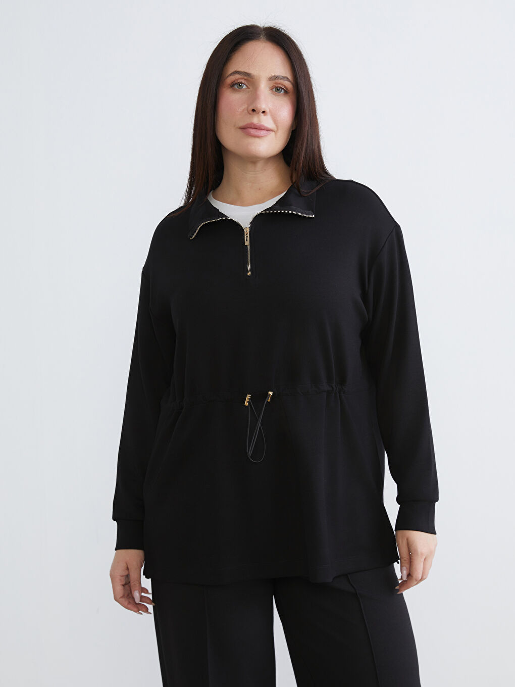 Siyah Dik Yaka Oversize Kadın Sweatshirt Tunik-1
