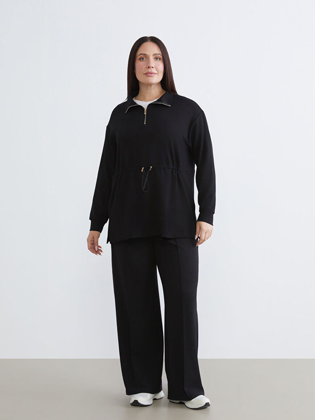 Siyah Dik Yaka Oversize Kadın Sweatshirt Tunik-5