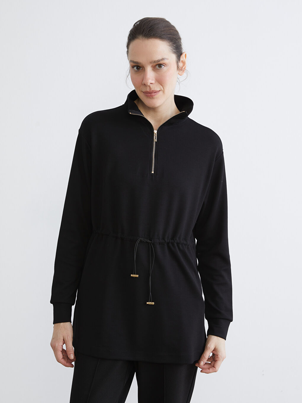 Siyah Dik Yaka Oversize Kadın Sweatshirt Tunik