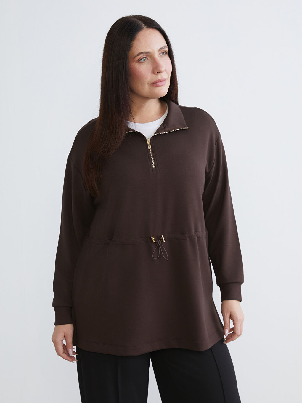 Kahverengi Dik Yaka Oversize Kadın Sweatshirt Tunik-1