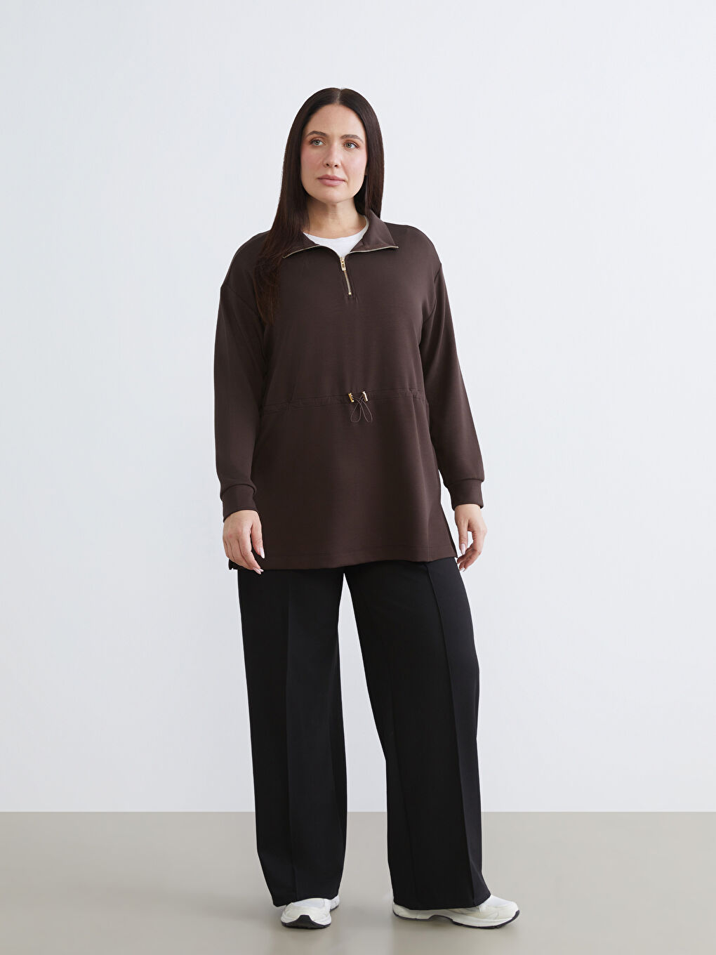 Kahverengi Dik Yaka Oversize Kadın Sweatshirt Tunik-5