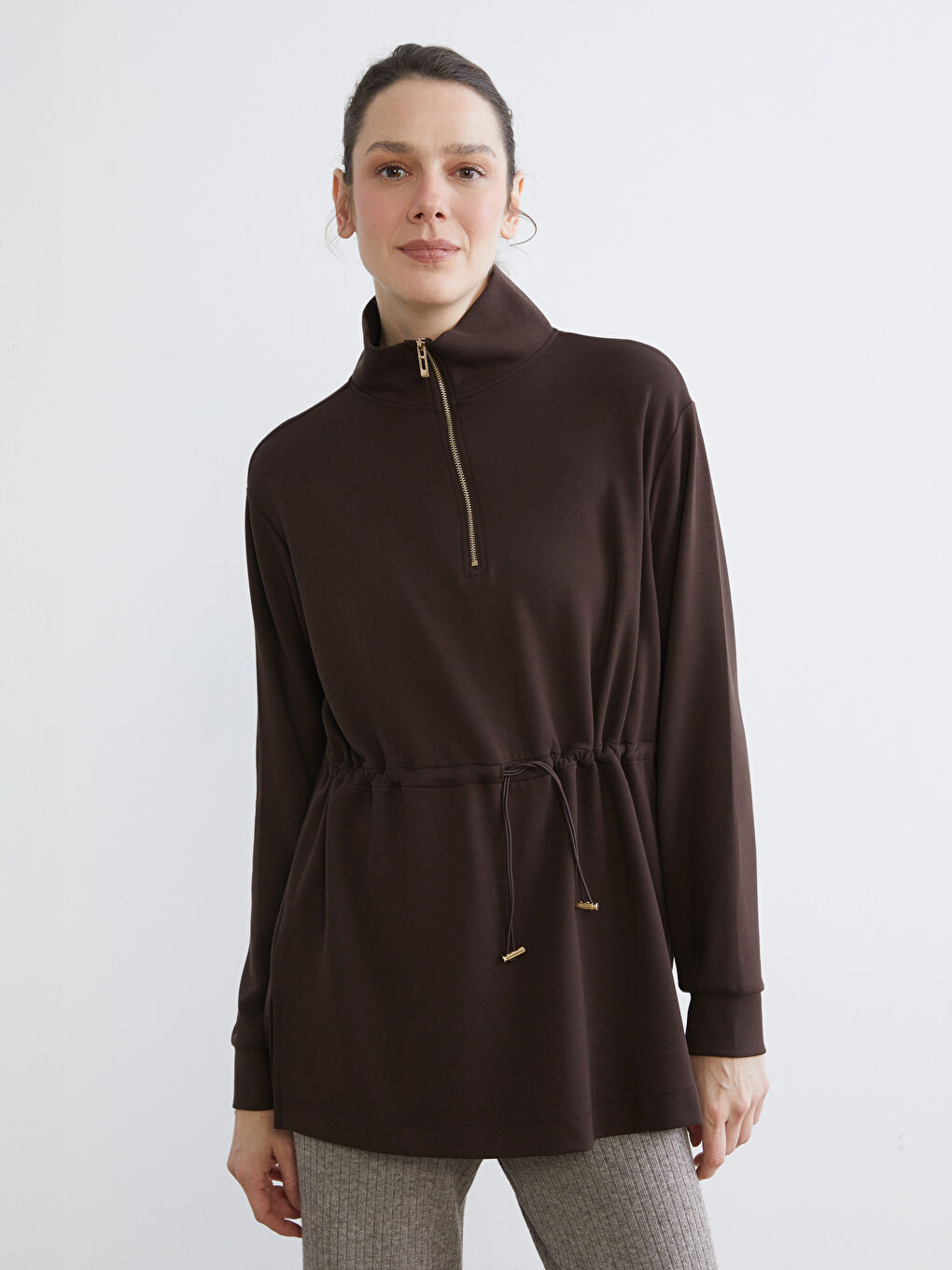 Kahverengi Dik Yaka Oversize Kadın Sweatshirt Tunik