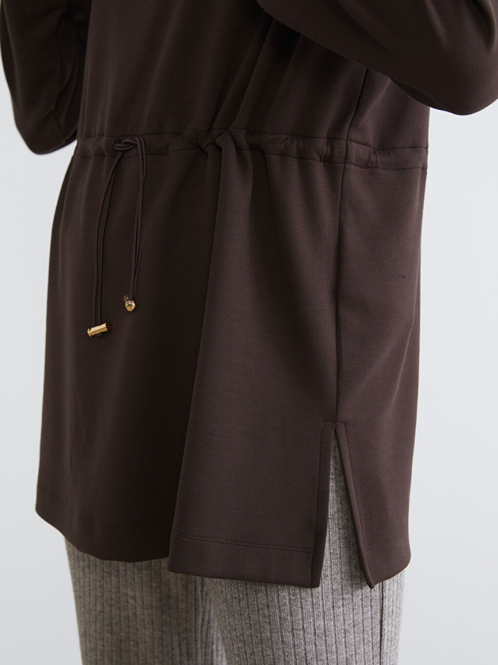 Kahverengi Dik Yaka Oversize Kadın Sweatshirt Tunik-3