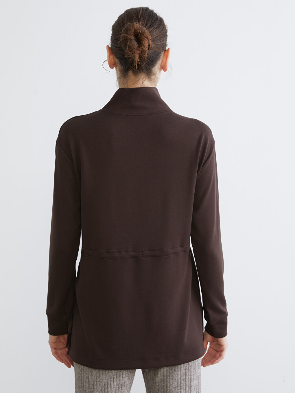 Kahverengi Dik Yaka Oversize Kadın Sweatshirt Tunik-4