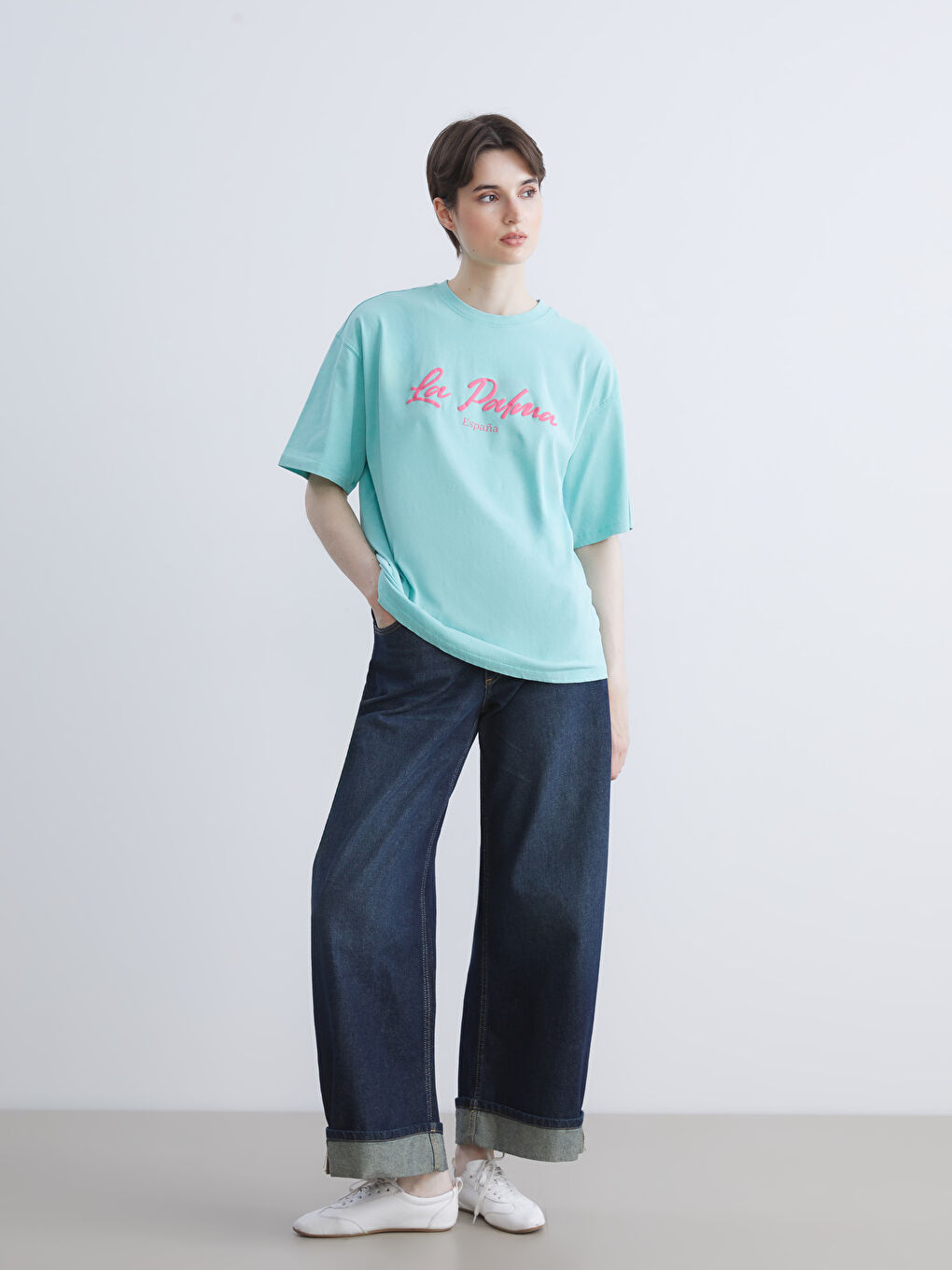 Yeşil Bisiklet Yaka Baskılı Oversize Kadın Tişört-1