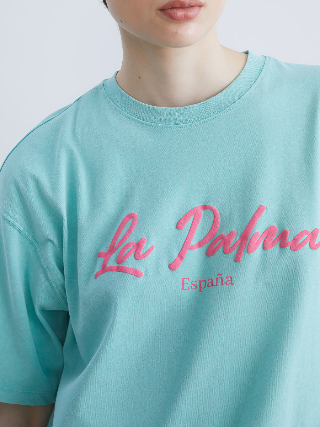 Yeşil Bisiklet Yaka Baskılı Oversize Kadın Tişört-2