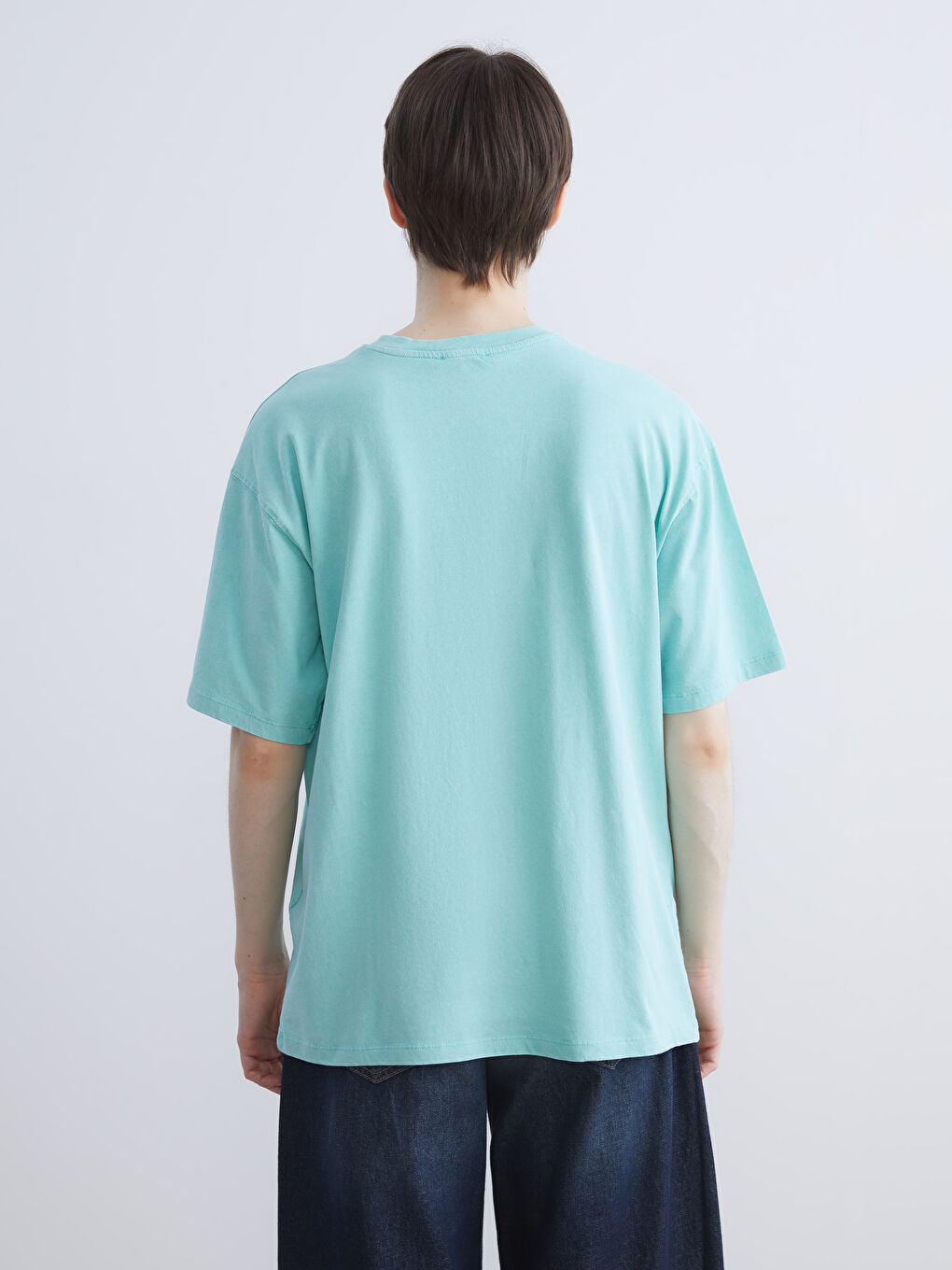 Yeşil Bisiklet Yaka Baskılı Oversize Kadın Tişört-3