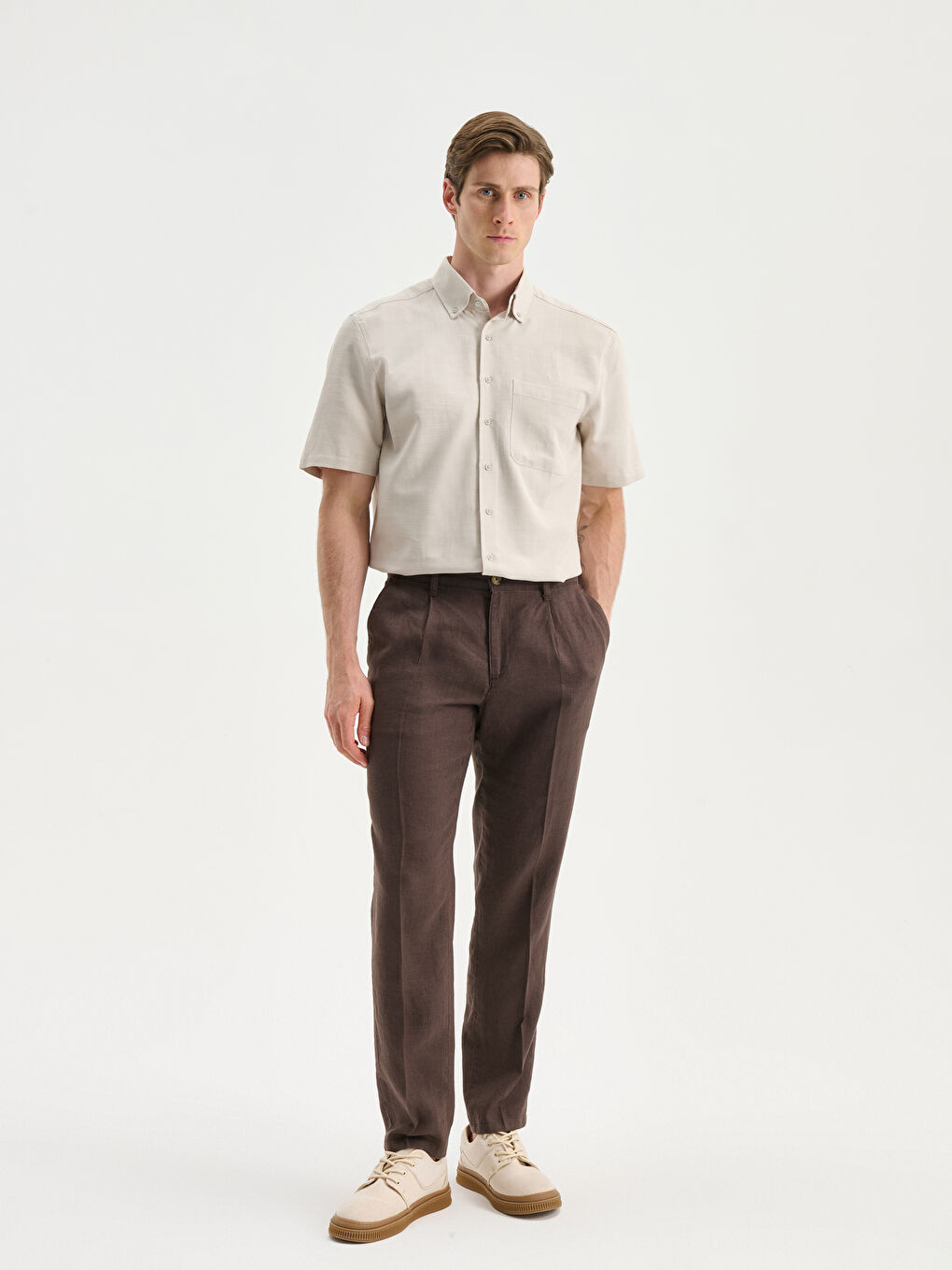 Bej Regular Fit Kısa Kollu Keten Görünümlü Erkek Gömlek-1