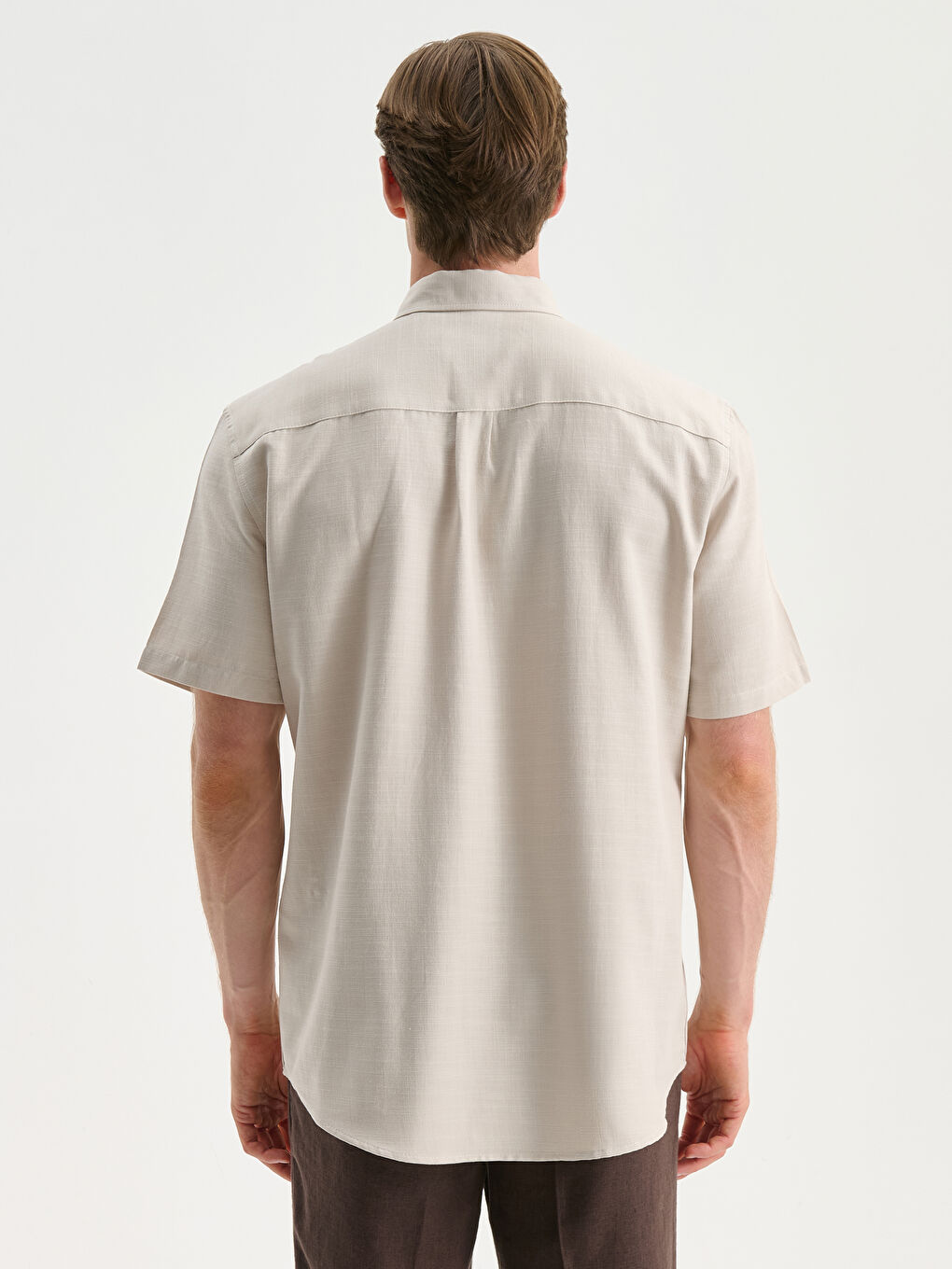 Bej Regular Fit Kısa Kollu Keten Görünümlü Erkek Gömlek-3