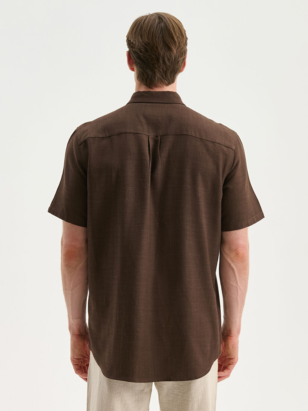 Kahverengi Regular Fit Kısa Kollu Keten Görünümlü Erkek Gömlek-3