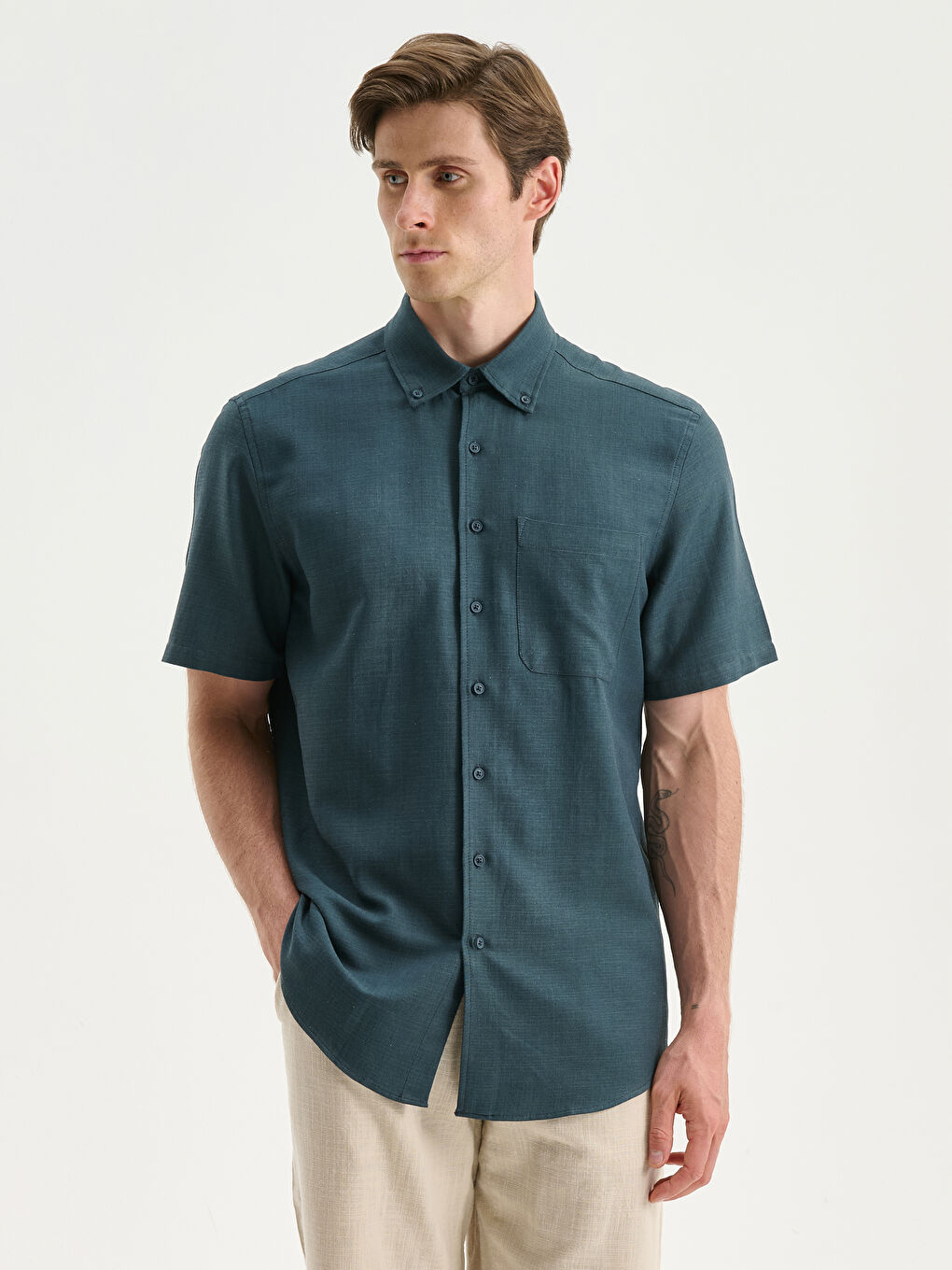 Petrol Regular Fit Kısa Kollu Keten Görünümlü Erkek Gömlek