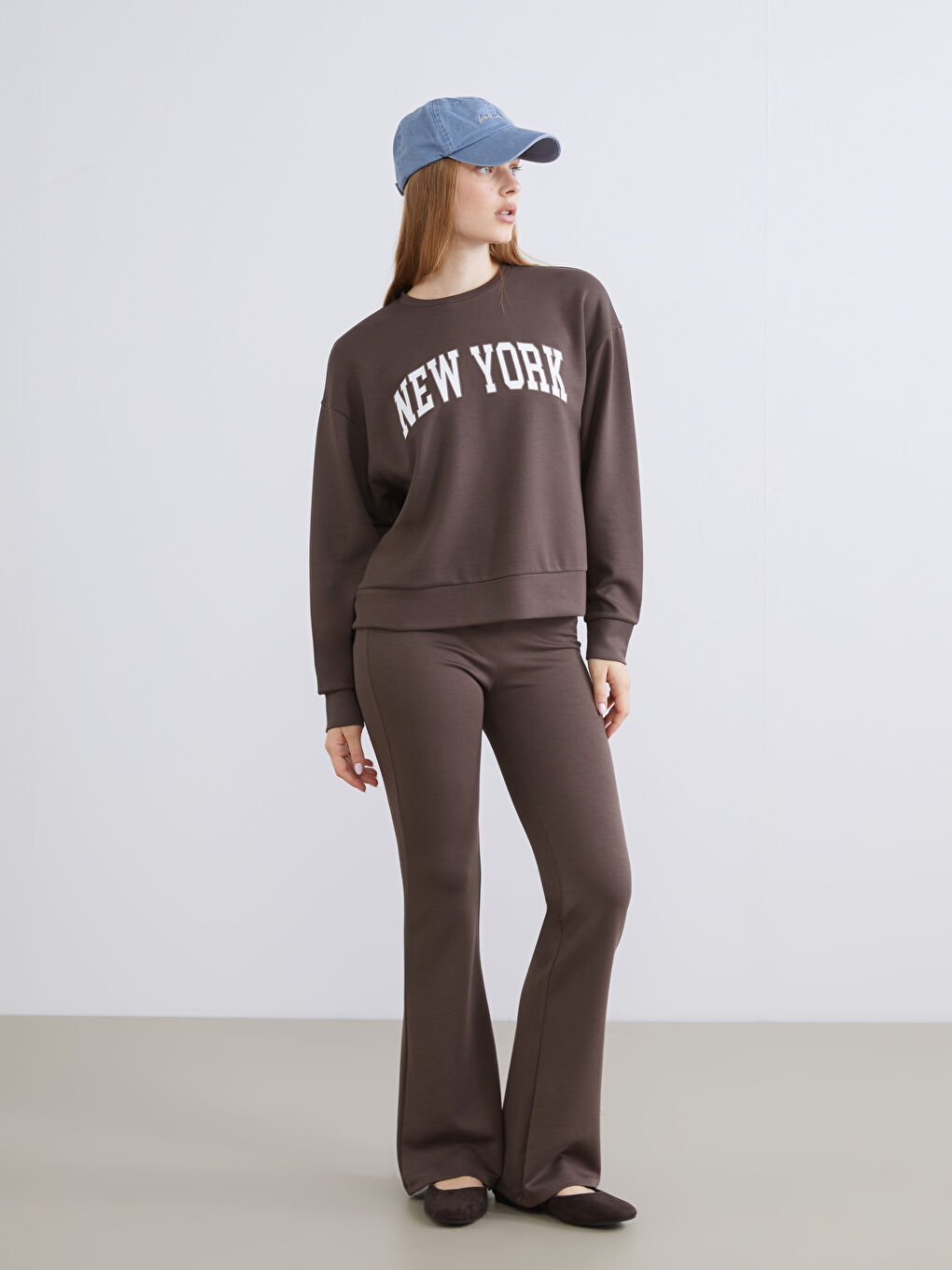 Kahverengi Beli Lastikli İspanyol Paça Kadın Eşofman Altı