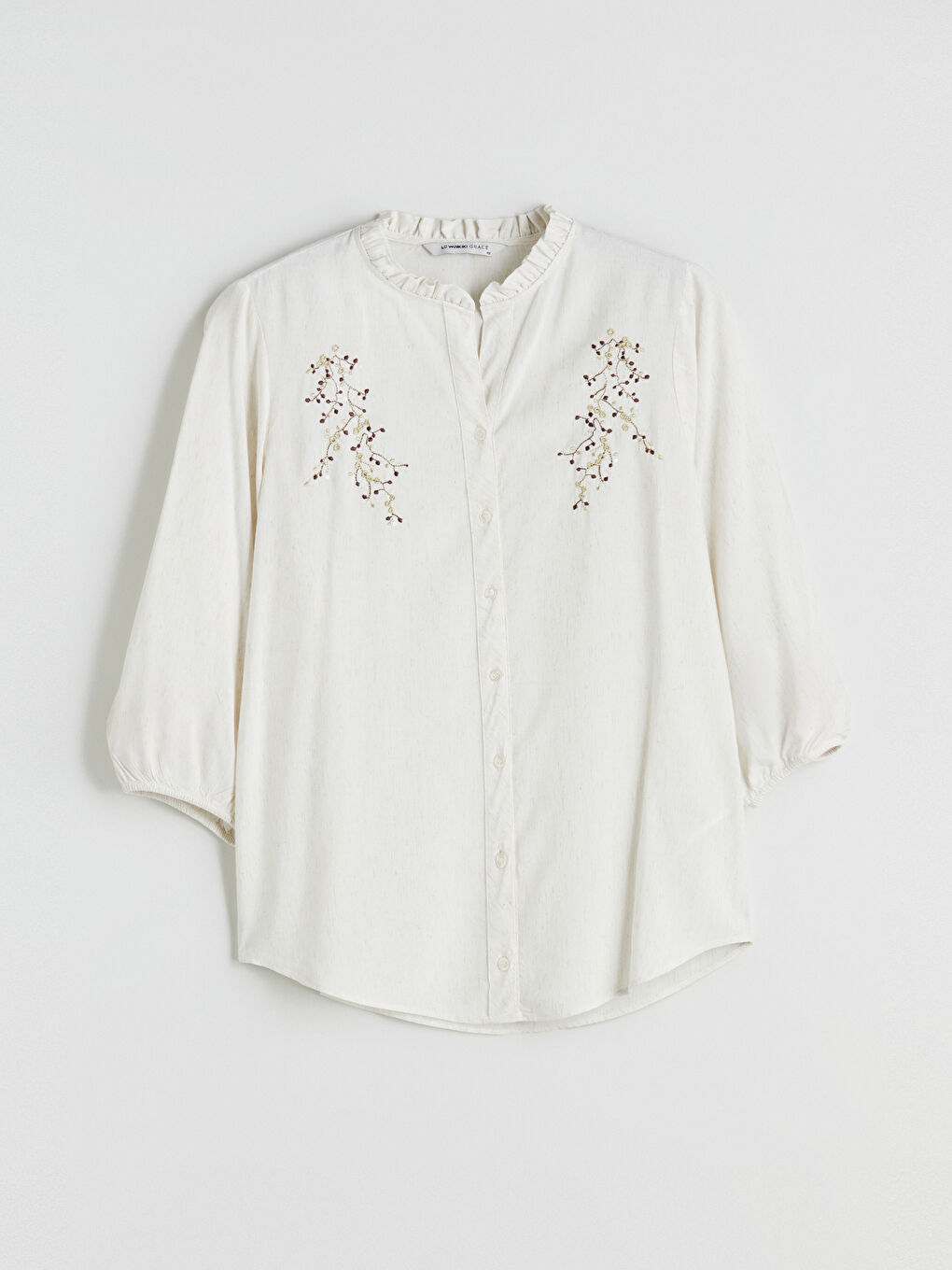 Bej Fırfırlı Kaçık Yaka Nakışlı Keten Karışımlı Bluz-5