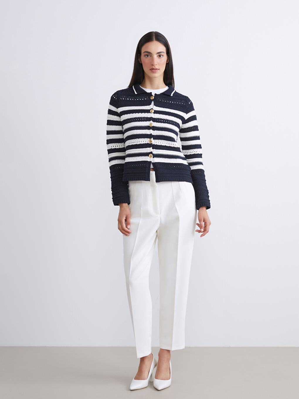 Lacivert Polo Yaka Çizgili Ajurlu Kadın Triko Hırka-1