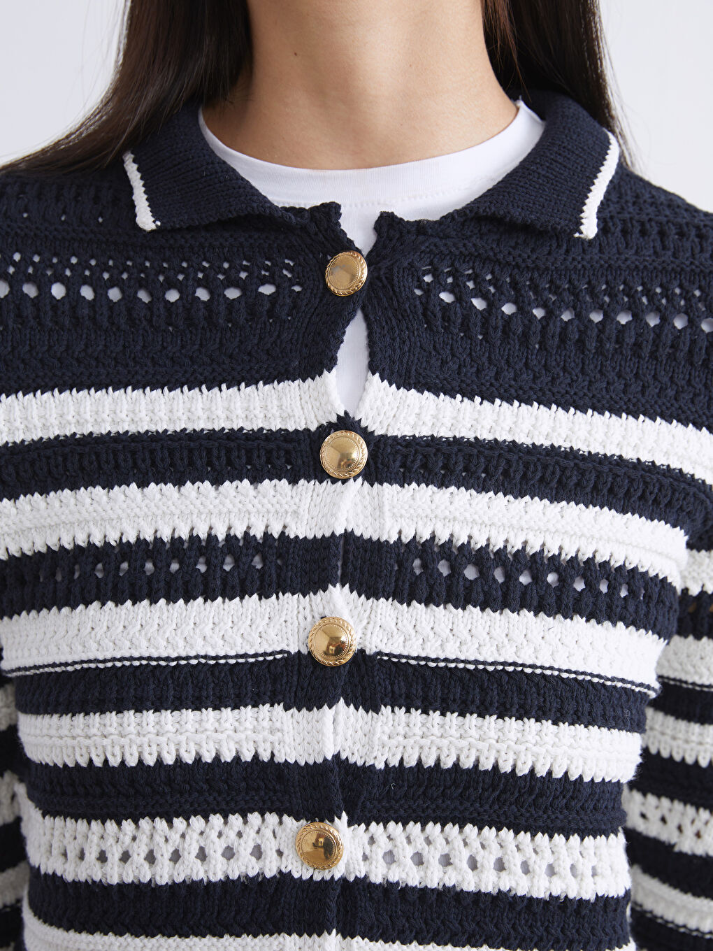 Lacivert Polo Yaka Çizgili Ajurlu Kadın Triko Hırka-2