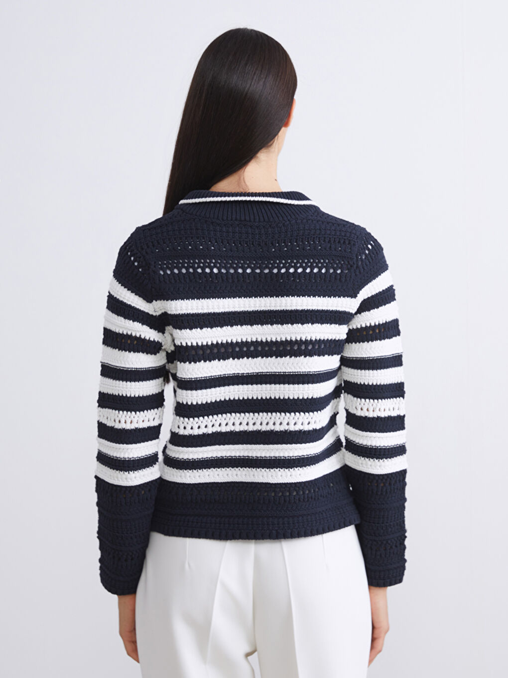 Lacivert Polo Yaka Çizgili Ajurlu Kadın Triko Hırka-3