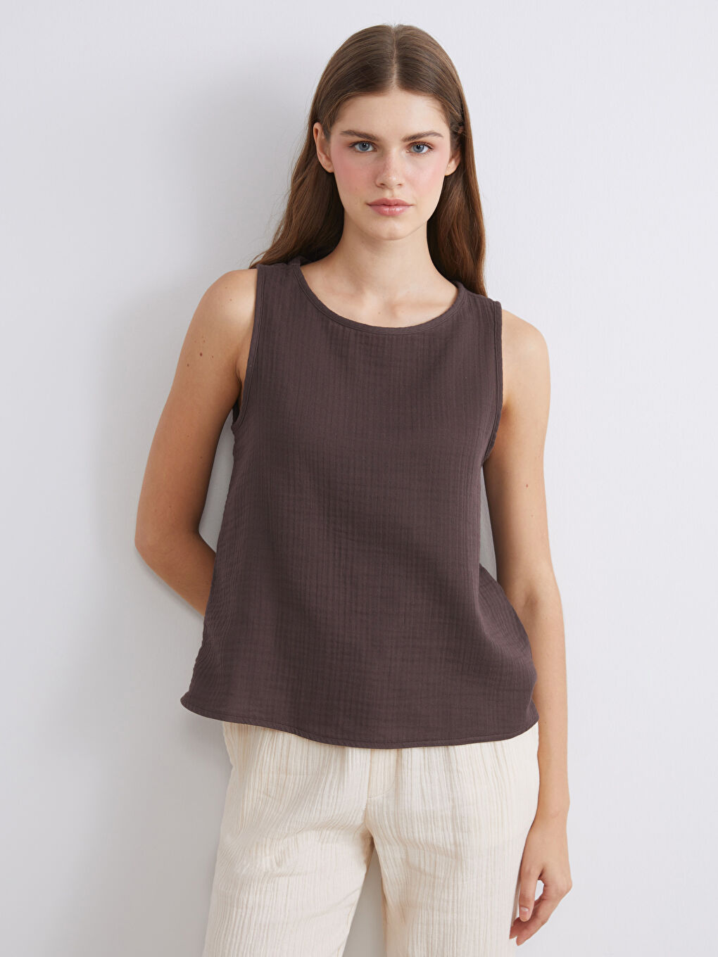 Crew Neck Textured Muslin Blouse