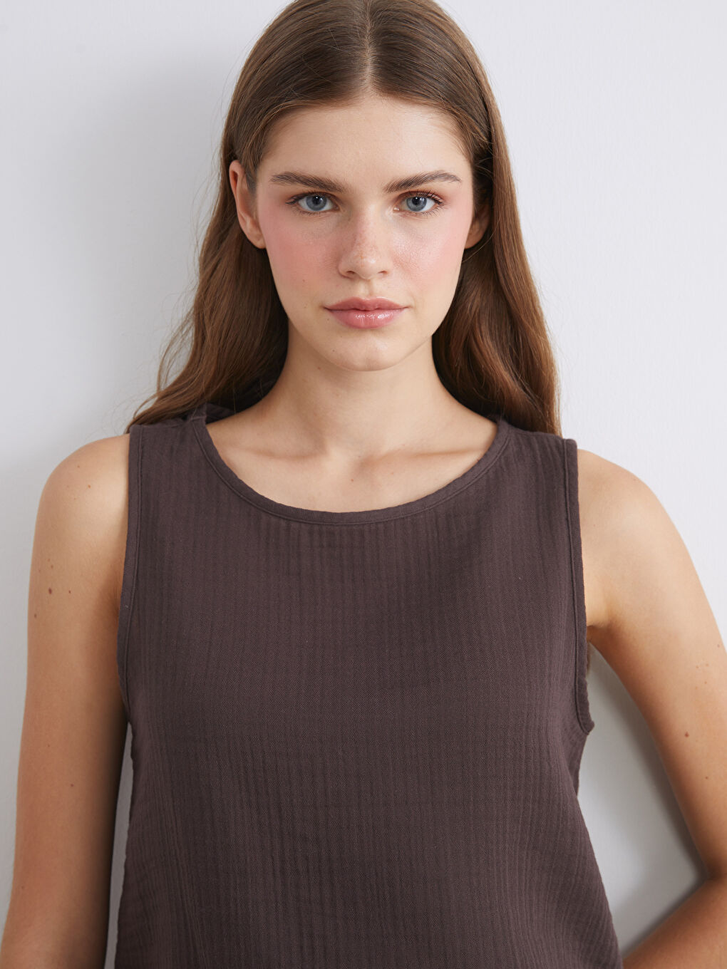 Crew Neck Textured Muslin Blouse-2