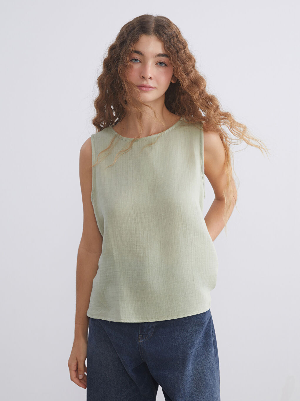 Crew Neck Textured Muslin Blouse