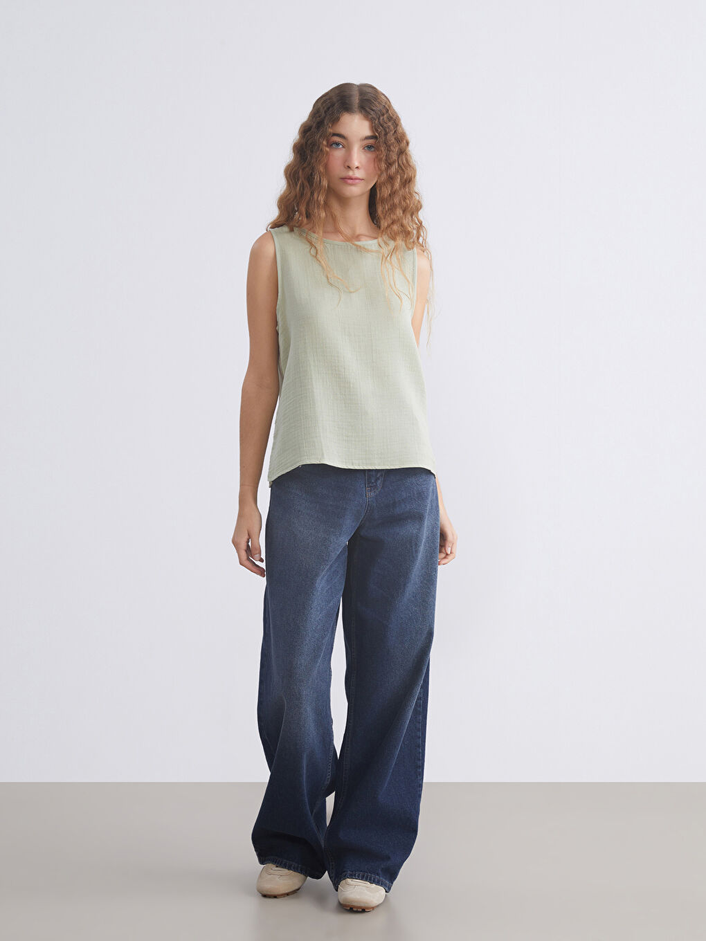 Crew Neck Textured Muslin Blouse-1