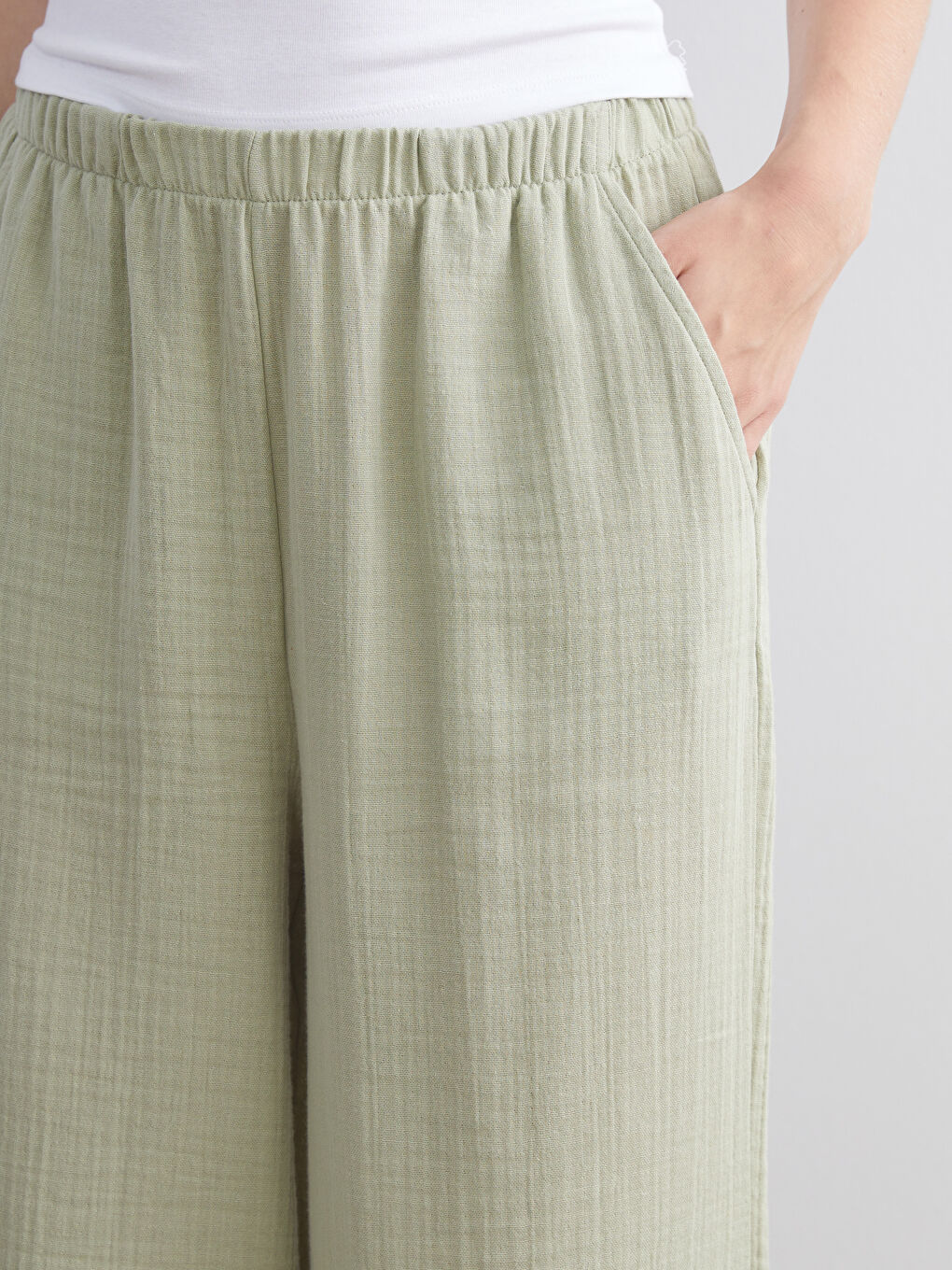 XSIDE Elastic Waist Textured Muslin Women's Trousers -W5K915Z8-CRR