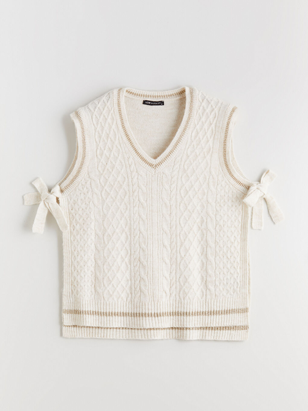 Ekru V Yaka Kendinden Desenli Kadın Triko Süveter-4