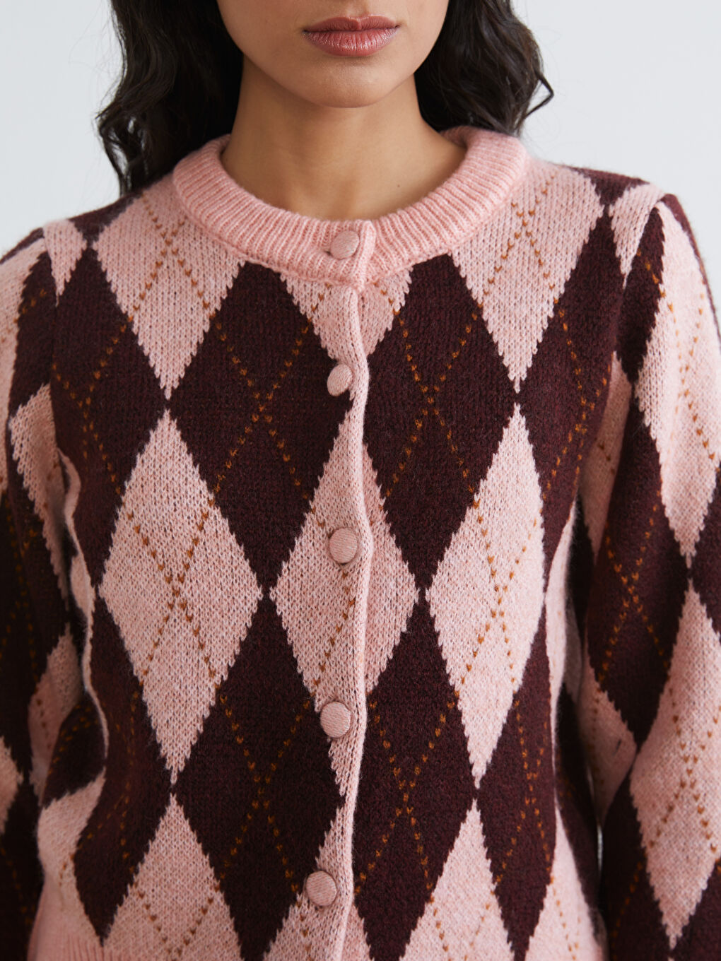 Crew Neck Argyle Pattern Women's Knitwear Cardigan-2