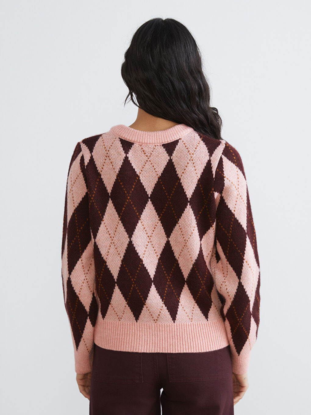 Crew Neck Argyle Pattern Women's Knitwear Cardigan-3