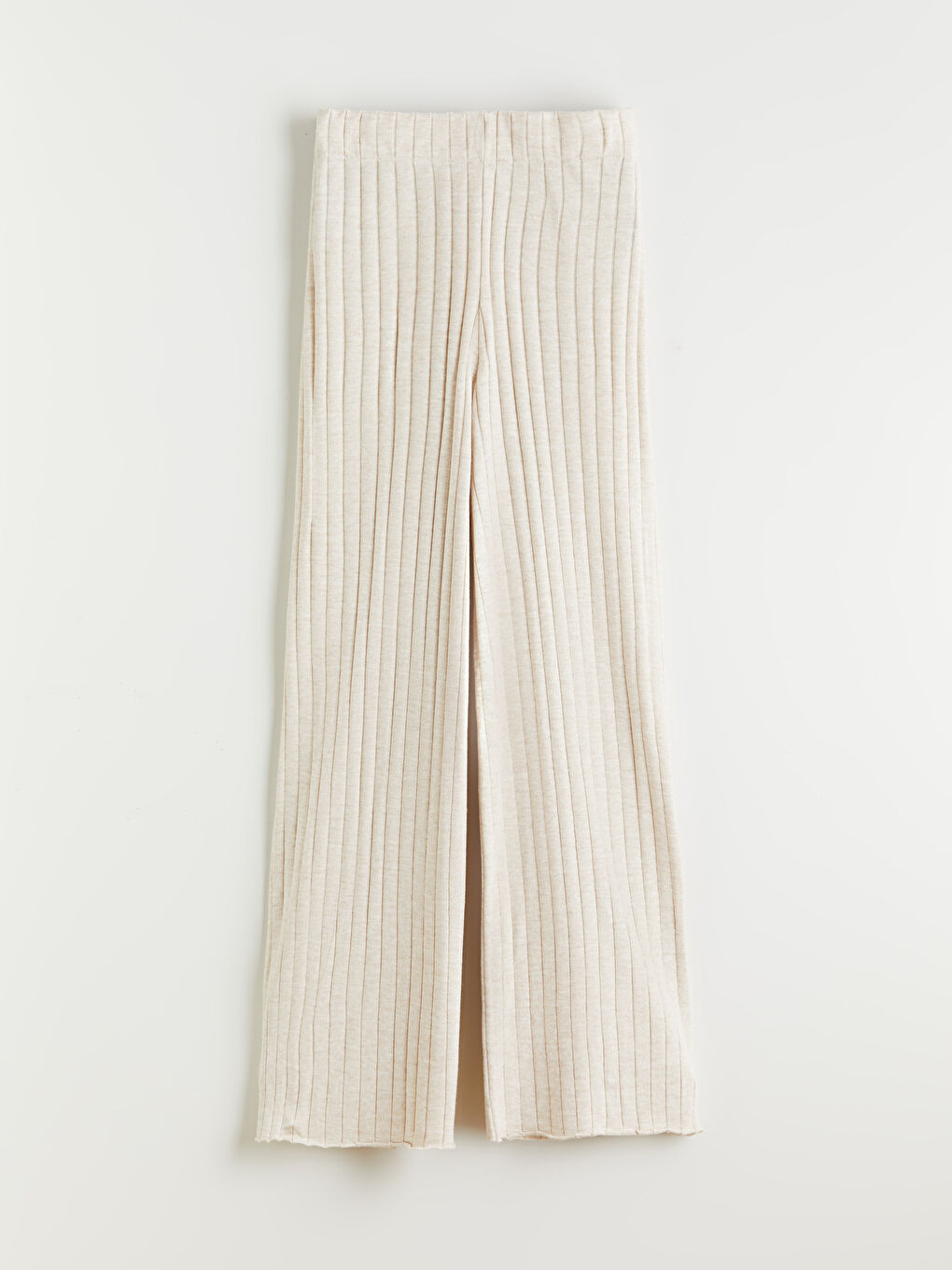 Bej Beli Lastikli Geniş Paça Kadın Triko Pantolon-4