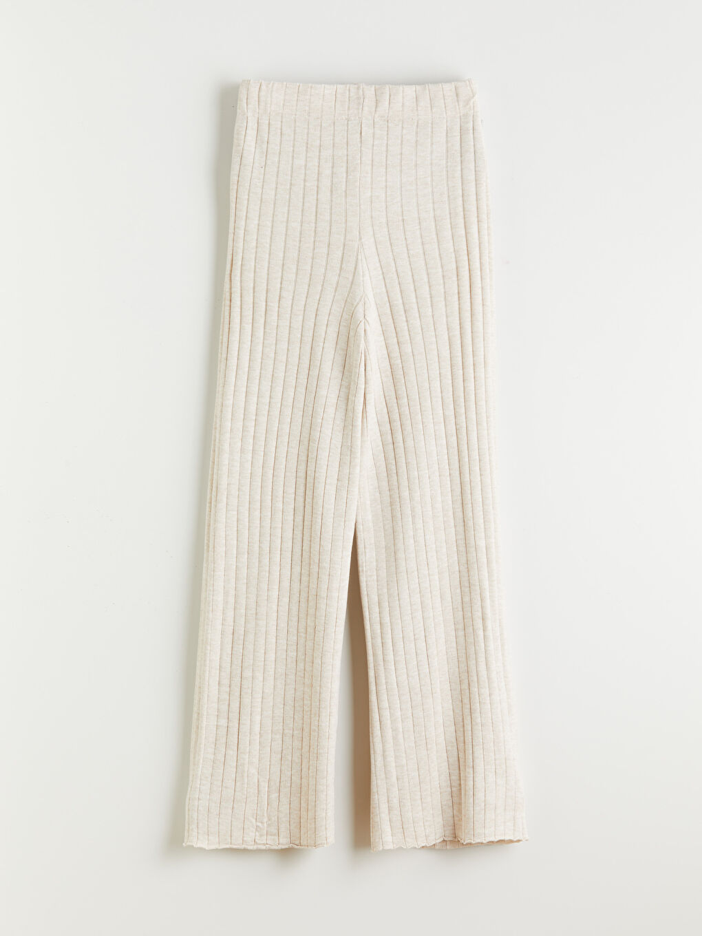 Bej Beli Lastikli Geniş Paça Kadın Triko Pantolon-5