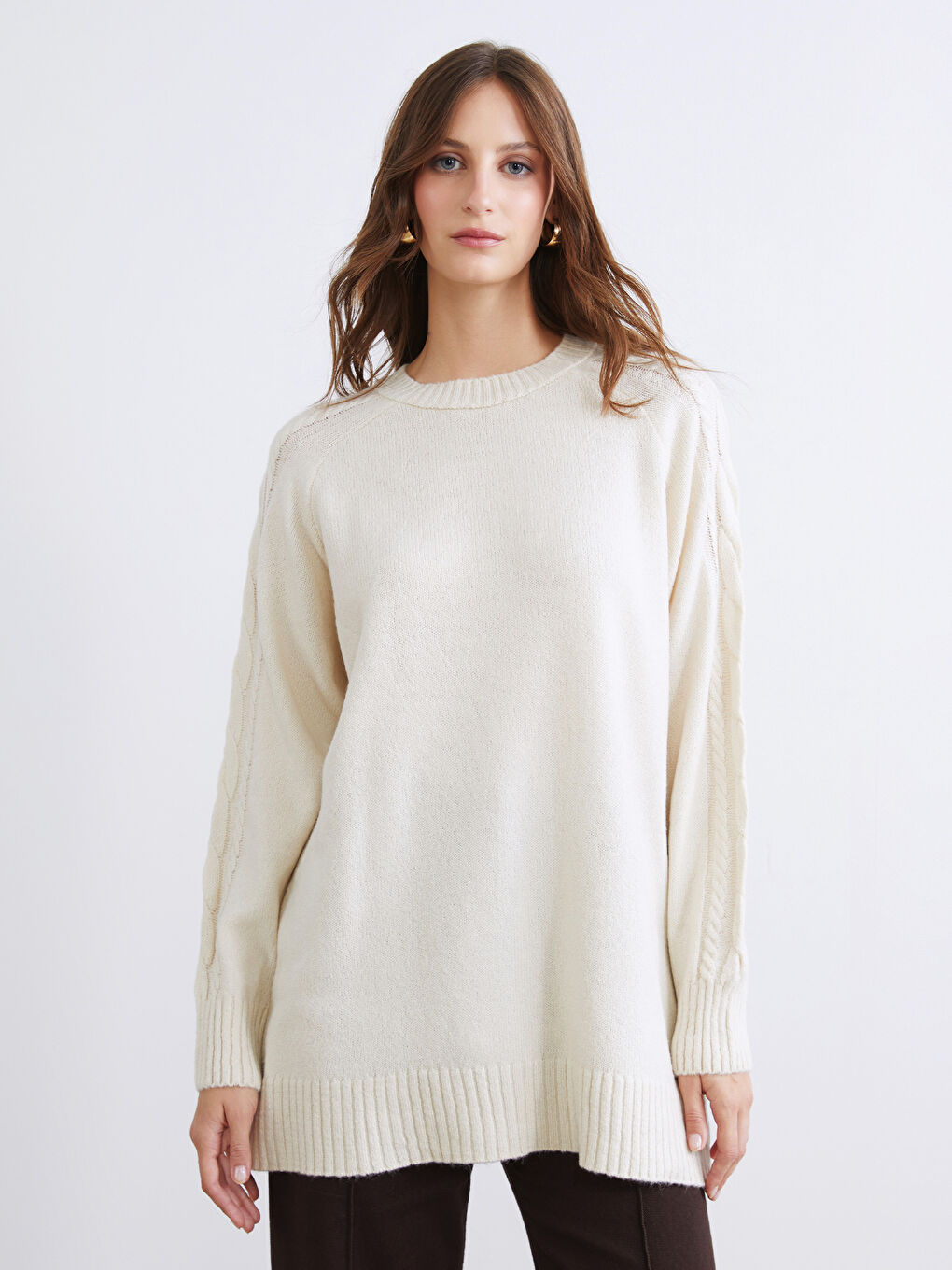 Ekru Bisiklet Yaka Kadın Triko Tunik