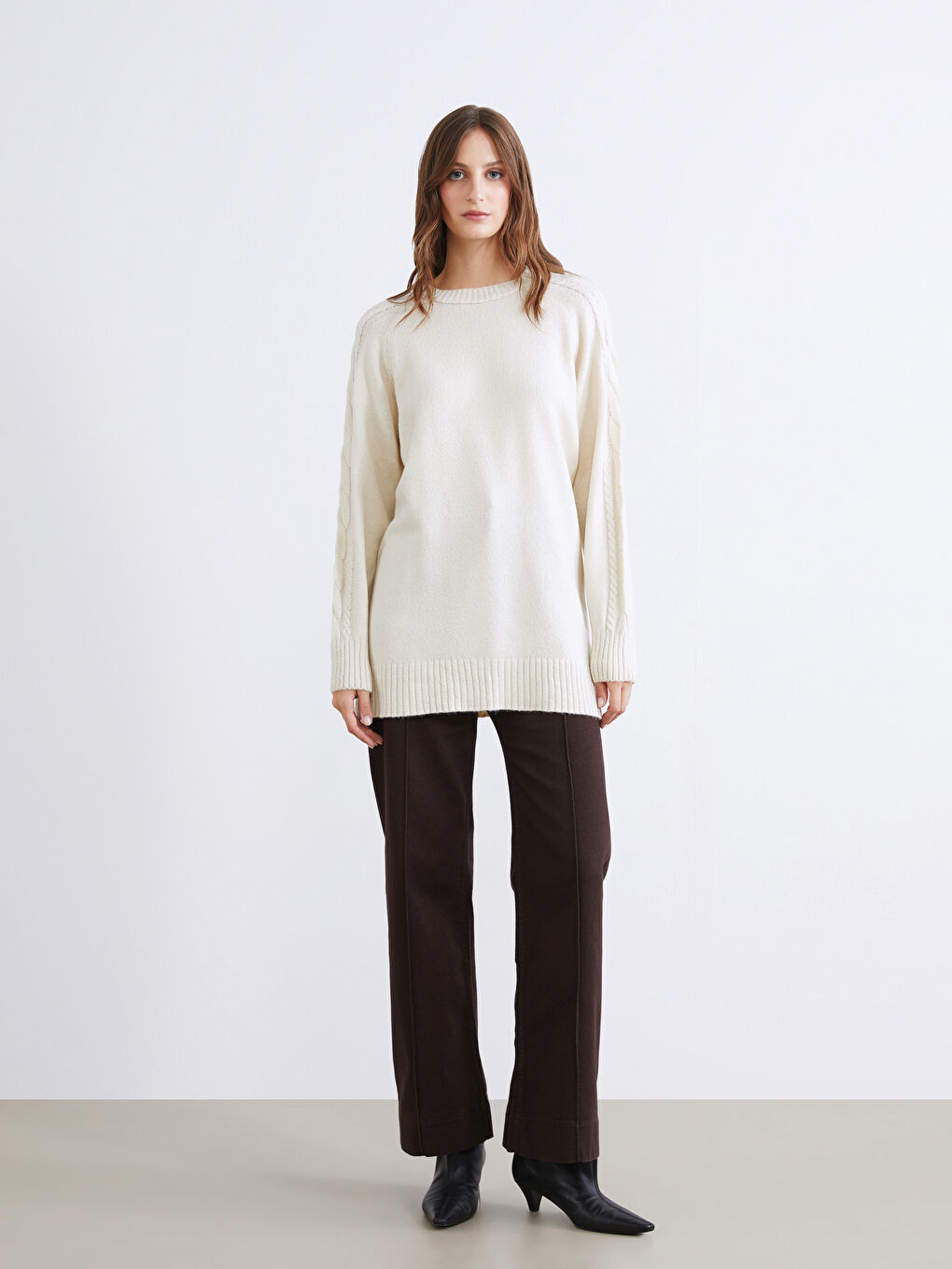 Ekru Bisiklet Yaka Kadın Triko Tunik-1