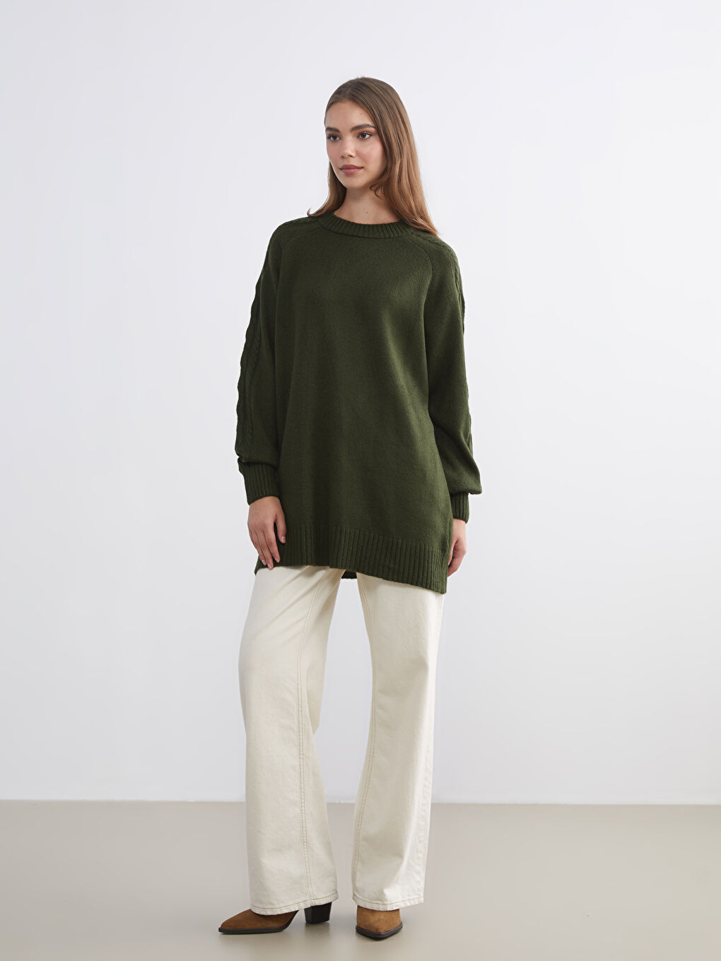 Yeşil Bisiklet Yaka Kadın Triko Tunik-1