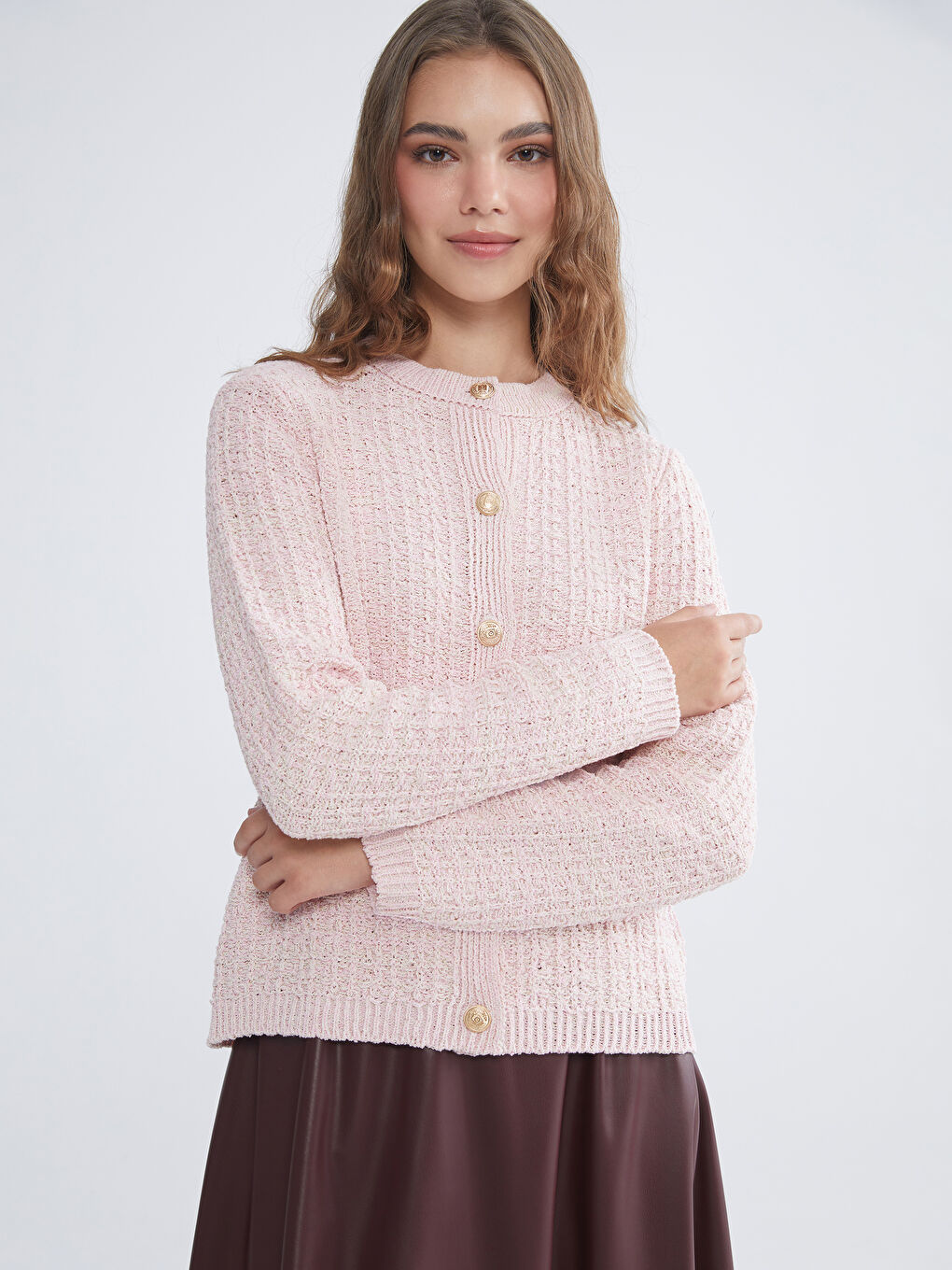 Crew Neck Self Patterned Long Sleeve Women's Tricot Cardigan