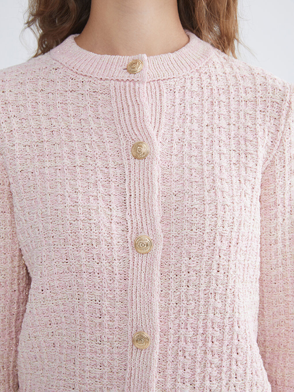 Crew Neck Self Patterned Long Sleeve Women's Tricot Cardigan-2
