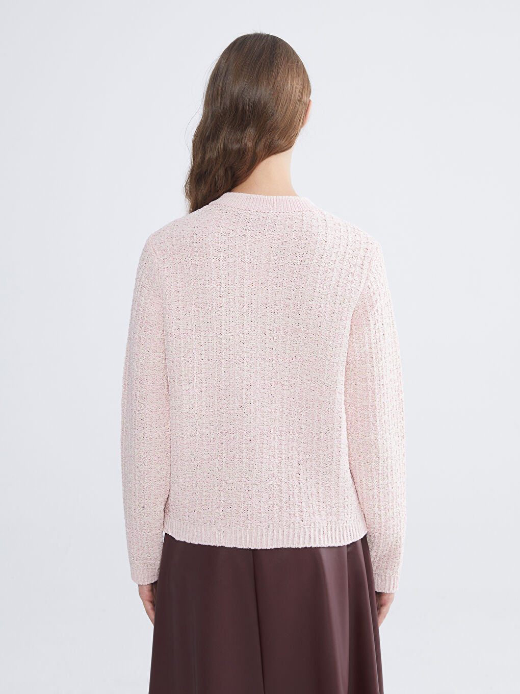 Crew Neck Self Patterned Long Sleeve Women's Tricot Cardigan-3