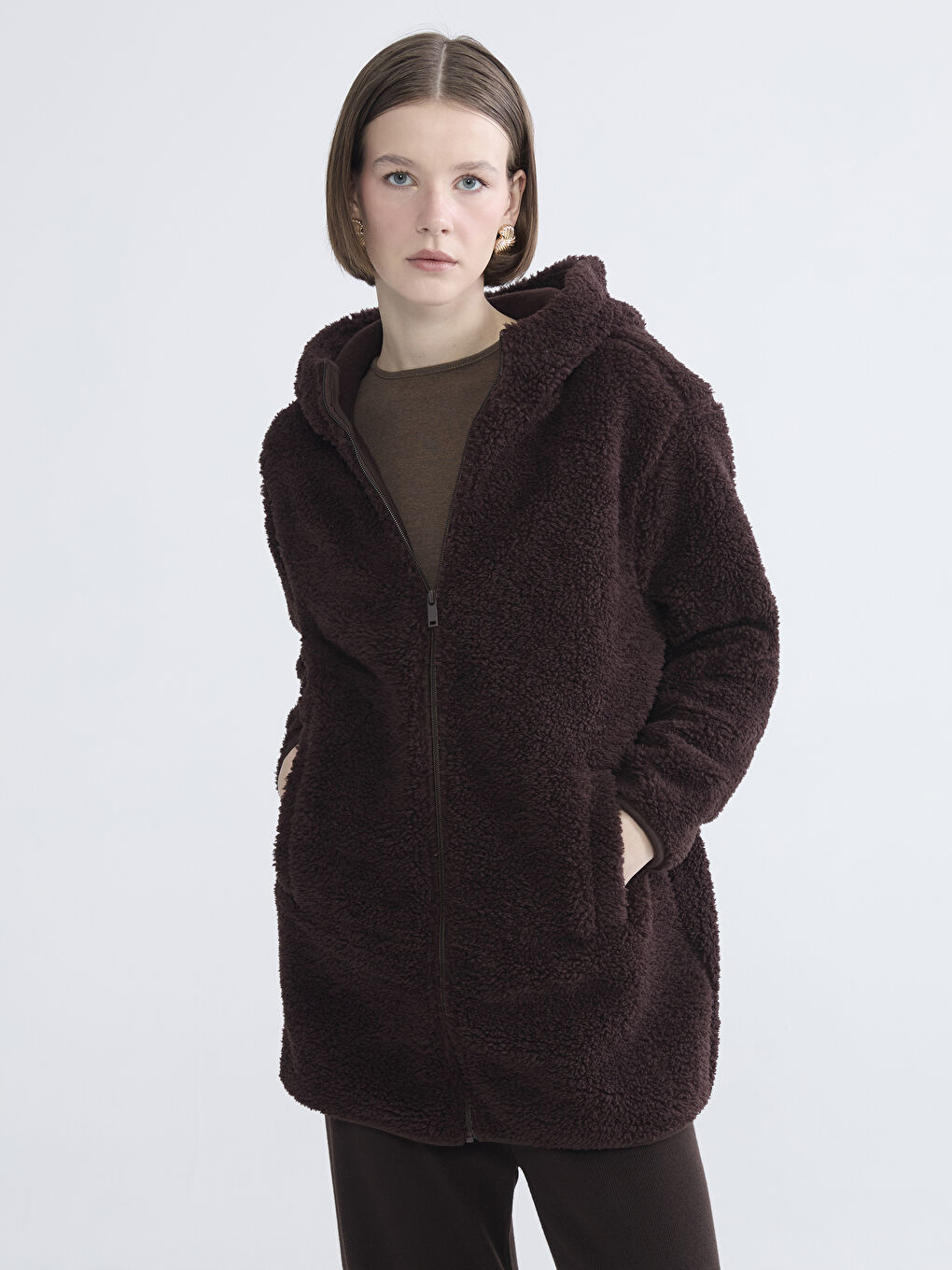 Kahverengi Kapüşonlu Kadın Polar Hırka