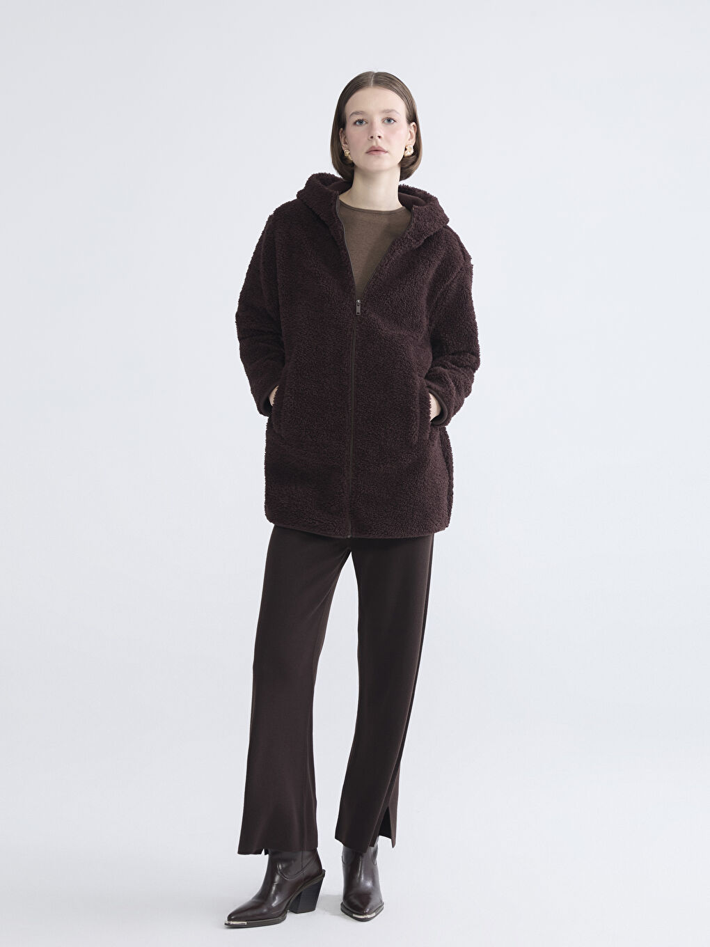 Kahverengi Kapüşonlu Kadın Polar Hırka-1