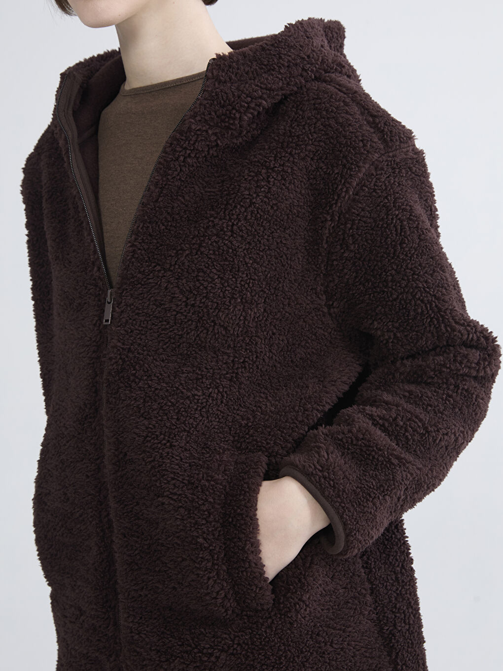 Kahverengi Kapüşonlu Kadın Polar Hırka-2