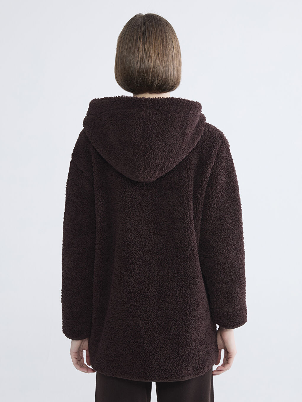 Kahverengi Kapüşonlu Kadın Polar Hırka-3