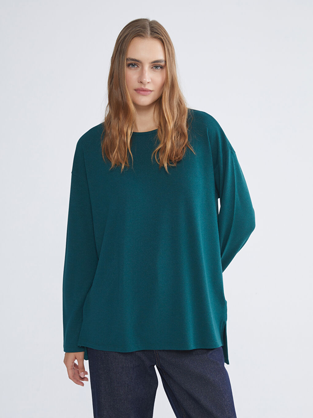 Yeşil Bisiklet Yaka Oversize Kadın Tişört