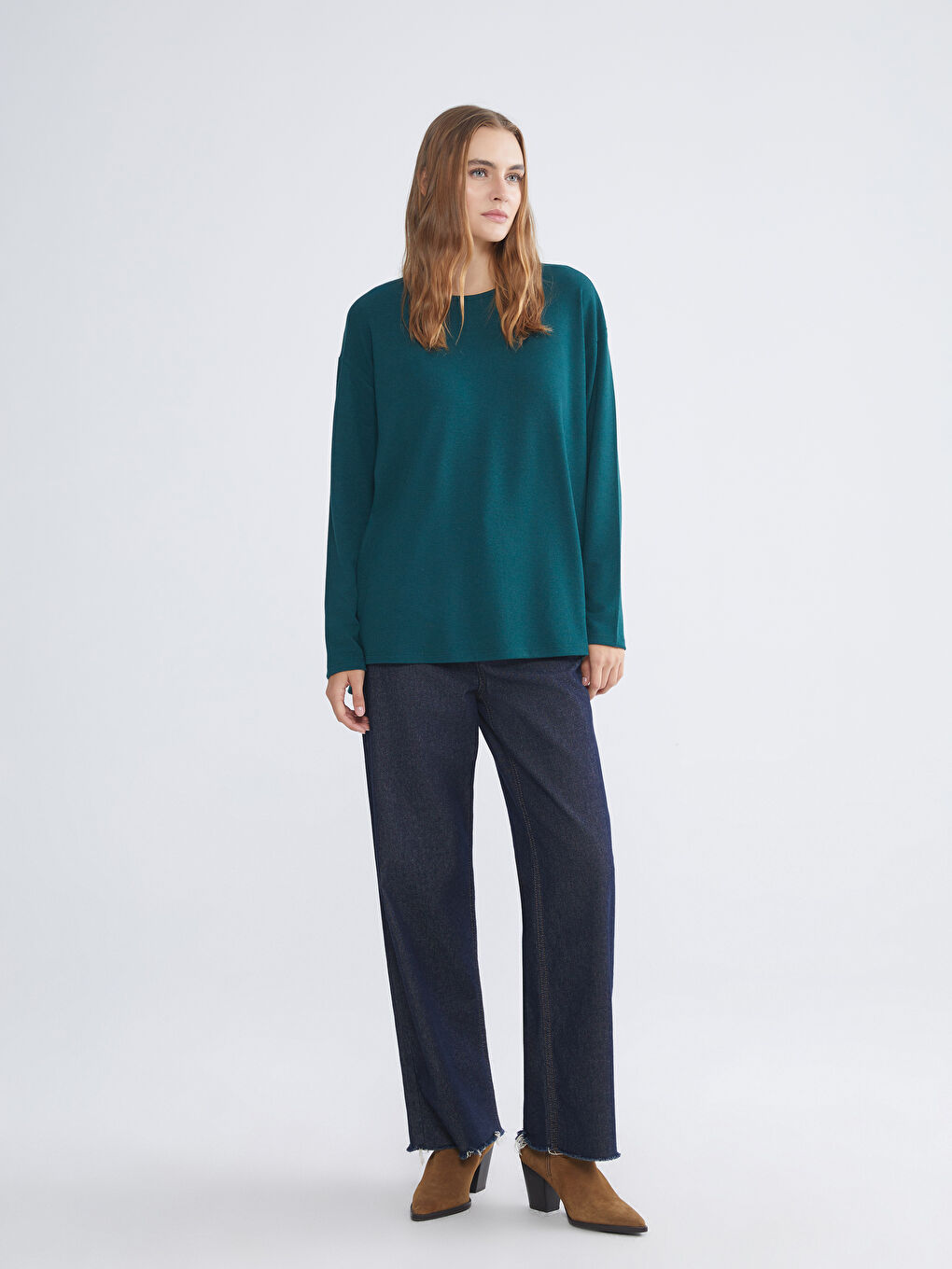 Yeşil Bisiklet Yaka Oversize Kadın Tişört-2